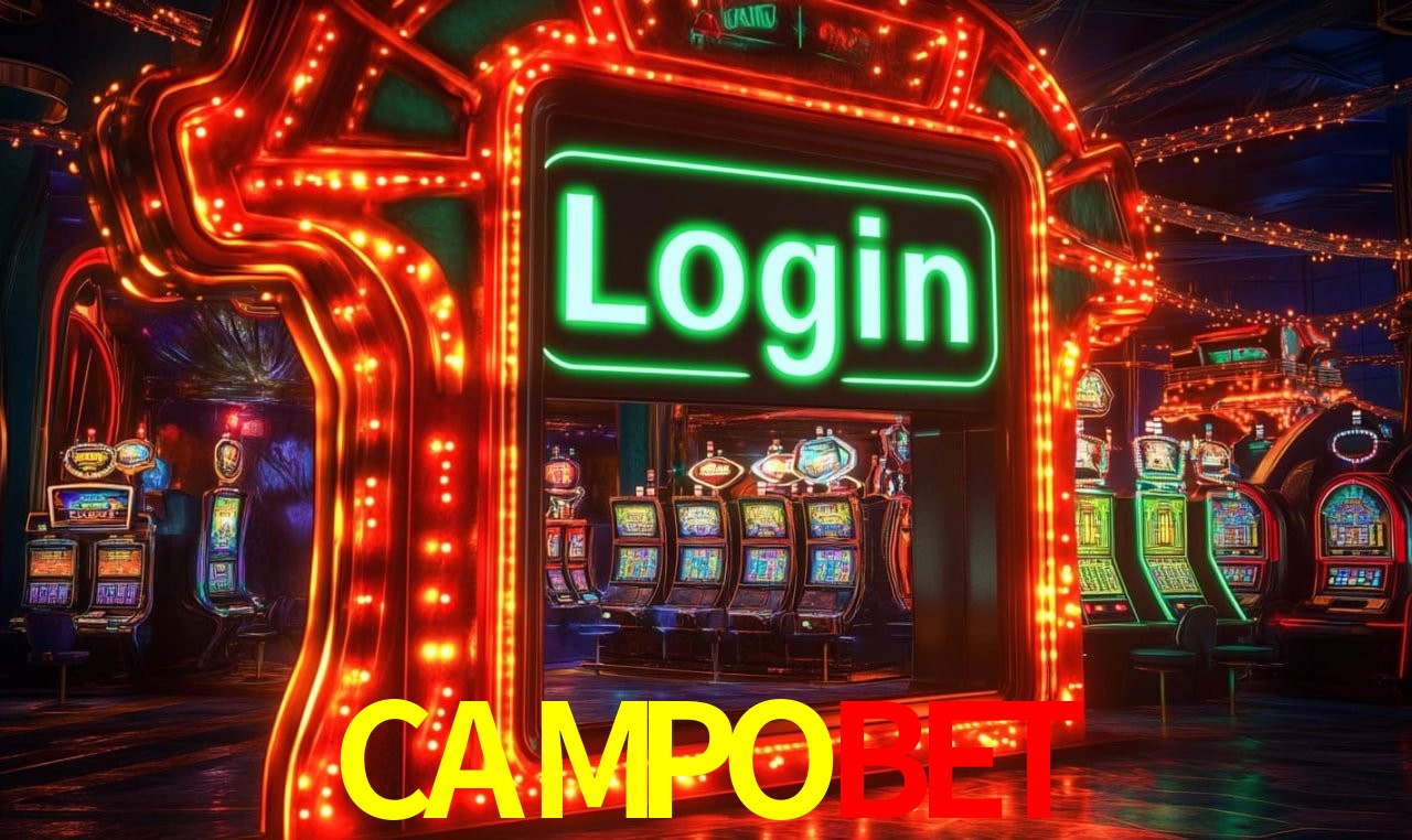 Escena dinámica inspirada en casino con iluminación CAMPOBET, cartas, fichas e íconos de juegos digitales en un espacio moderno de juegos.