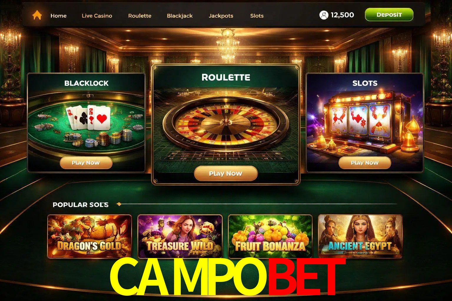 Vista de la plataforma CAMPOBET Casino mostrando categorías organizadas de juegos en línea