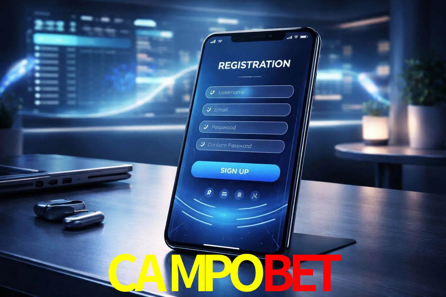 Una interfaz moderna de registro móvil para CAMPOBET mostrada en un smartphone con un panel de apuestas elegante.